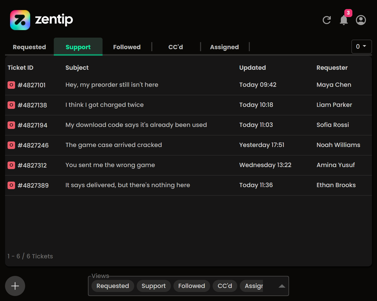 Zentip extension popup showing the ticket list in dark mode
